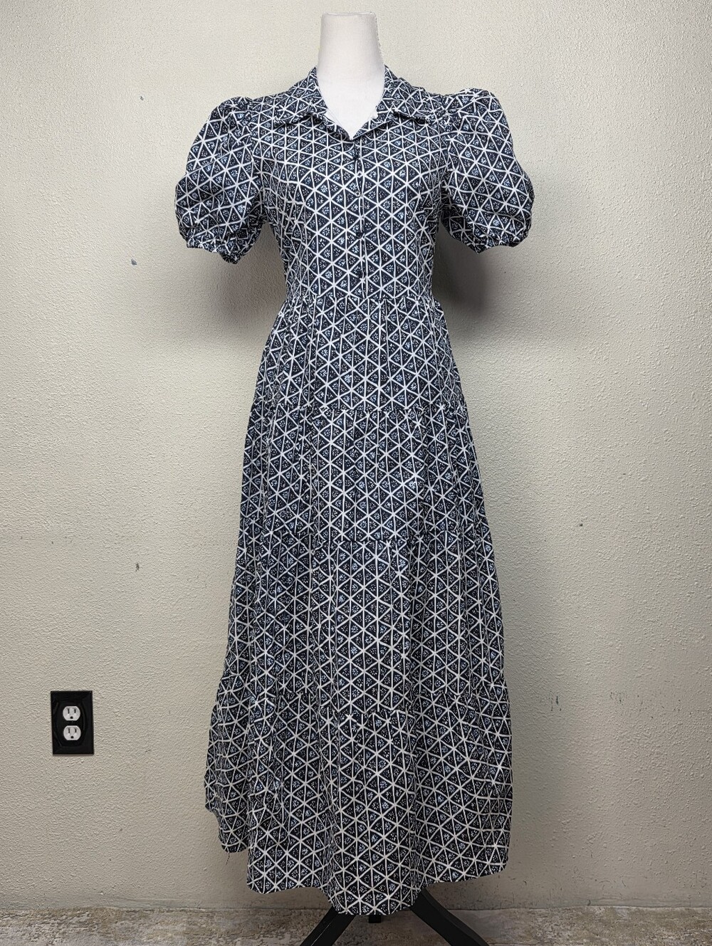 English Factory Navy and White Geometric Midi Tiered Shirt Dress Size Large - Picture 2 of 9